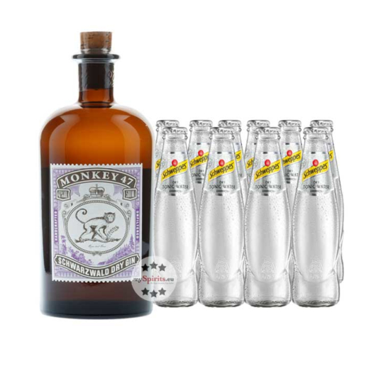 Monkey 47 Dry Gin (47 % vol. / 0,5 Liter) & 10 x Schweppes Dry Tonic Water (0,2 Liter) inkl. 1,00 € Pfand