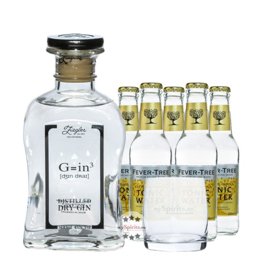 Ziegler Gin Classic G=in3 (45 % Vol., 0,5 L) & 5x Fever-Tree Tonic (0,2 L) inkl. 0,75 € Pfand + 1 Glas