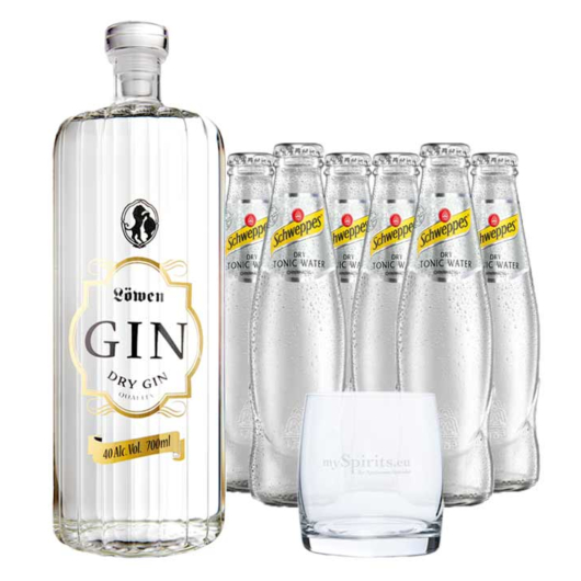 Löwen Dry Gin (40 % vol. / 0,7 Liter) & 6 x Schweppes Dry Tonic Water (0,2 Liter) inkl. 0,60 € Pfand + 1 mySpirits Tumbler Glas