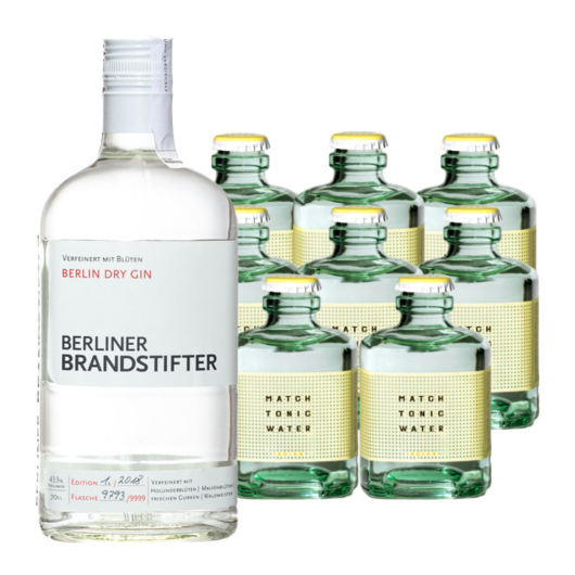 Berliner Brandstifter Gin (43,3 % vol, 0,7 l) & 8 x Match Indian Tonic Water (0,2 l) inkl. 2,40 € Pfand