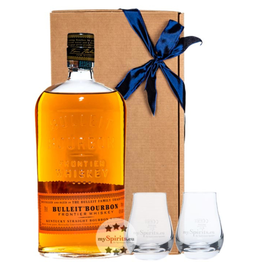 Geschenk-Set: Bulleit Bourbon Frontier Whiskey (45 %vol / 0,7L) + 2x mySpirits kl. Nosingglas in Geschenkbox