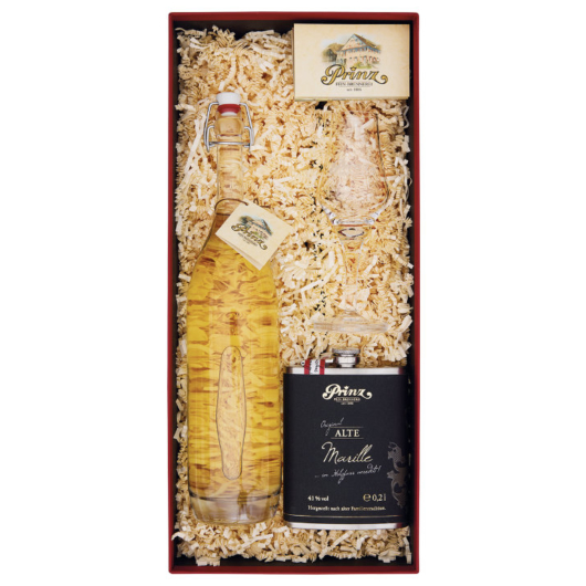 Prinz Geschenkset Alte Marille Variation / 41% vol / 1 x 0,5l & 1 x 0,2l & 1x Prinz Kelch in Deko-Box