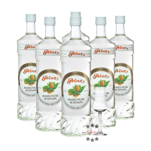 6 x Prinz: Haselnuss-Schnaps / 40 % Vol. / 6 x 1,0 Liter-Flaschen + 1 x gratis mySpirits-Schnapskelch