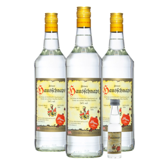 3 x Prinz: Hausschnaps / 34 % Vol. / 3 x 1,0 Liter + gratis 0,02 L Hausschnaps Miniatur