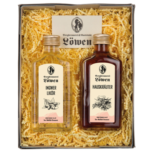 Bergbrennerei Löwen Geschenk-Set Herzwärmer mit Ingwer Likör & Hauskräuter / 24 & 32% Vol. 2 x 0,2 L