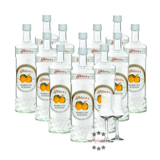 12 x Prinz Marillen-Schnaps / 40 % Vol. / 12 x 1,0 Liter-Flaschen + 2 x gratis mySpirits-Schnapskelch