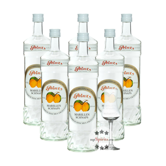 6 x Prinz Marillen-Schnaps / 40 % Vol. / 6 x 1,0 Liter-Flaschen + 1 x gratis mySpirits-Schnapskelch