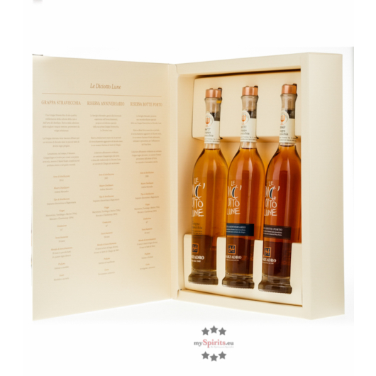 Marzadro Collezione Grappa Le Diciotto Lune Riserva Probierset / 41 & 42 % Vol. / 3 x 0,2 Liter-Flaschen in Geschenkbox