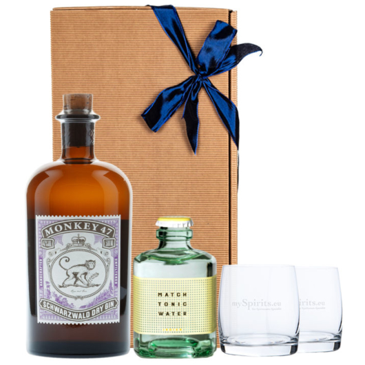 Monkey 47 Gin Set (47 % vol, 0,5 l) & 1 x Match Indian Tonic (0,2 l) + 2 Tumbler in Geschenk-Box