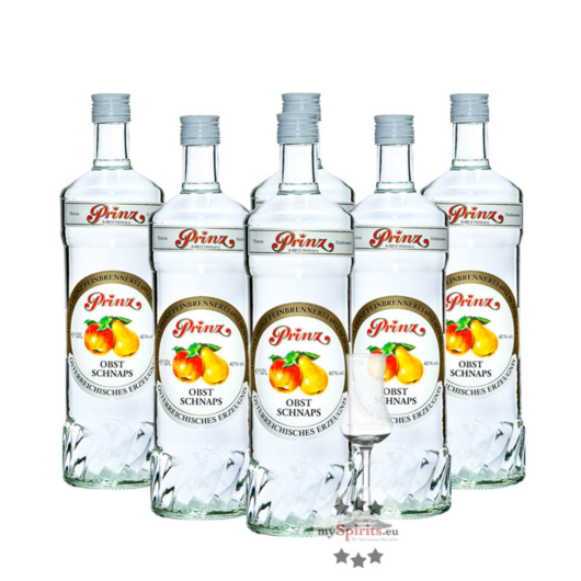 6 x Prinz Obstschnaps 40% / 40 % Vol. / 6 x 1,0 Liter-Flasche + 1 x gratis mySpirits-Schnapskelch