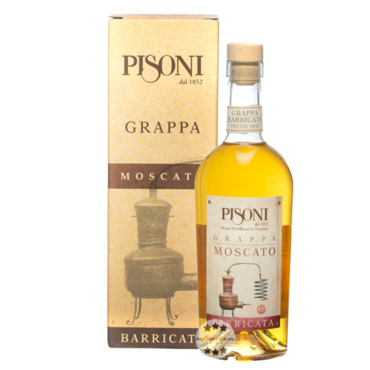 Pisoni: Grappa Trentina Moscato Barricata / 45 % Vol. / 0,7 Liter-Flasche in Geschenkkarton