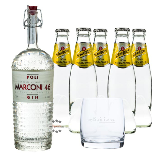 Poli Marconi 46 Gin (46% Vol., 0,7 L) & 5 x Schweppes Indian Tonic Water (0,2 L) + 1 Tumbler inkl. 0,50€ Pfand