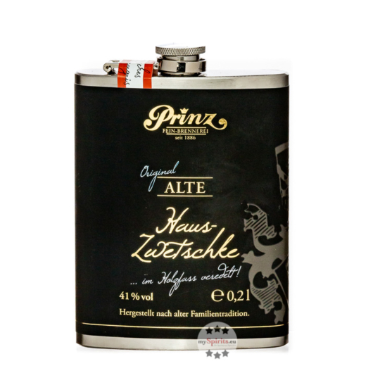 Prinz Flachmann Alte Haus-Zwetschke im Holzfass gereift / 41 % Vol. / 0,2 Liter-Flasche aus Edelstahl