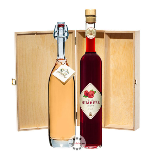 Prinz: Geschenk-Set Himbeer-Glück / 16 % & 41 % Vol. / 2 x 0,5 Liter-Flasche in Holzbox