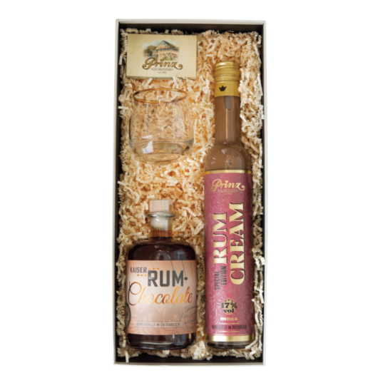 Prinz Geschenkset Rum-Gestöber: Rum-Chocolate Likör mit Inländerrum & Rum-Cream Likör / 17 & 40 % vol / 2 x 0,5l + Likör Tumbler in Box