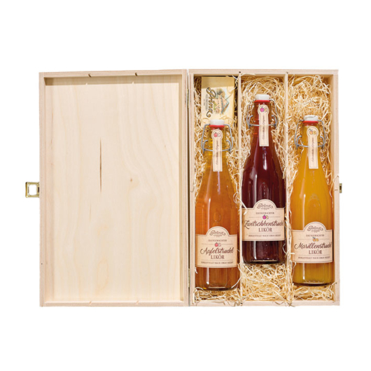 Prinz Geschenk-Set Strudelzeit mit Apfel-, Marillen-, Zwetschkenstrudel-Likör / 16 % Vol. / 3 x 0,5 Liter-Flasche in Holzbox