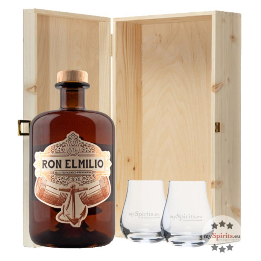 Ron Elmilio Rum-Geschenkset mit 2 Nosing-Gläsern in Holzkiste / 40 % Vol. / 0,7 L + 2 x Nosing-Glas