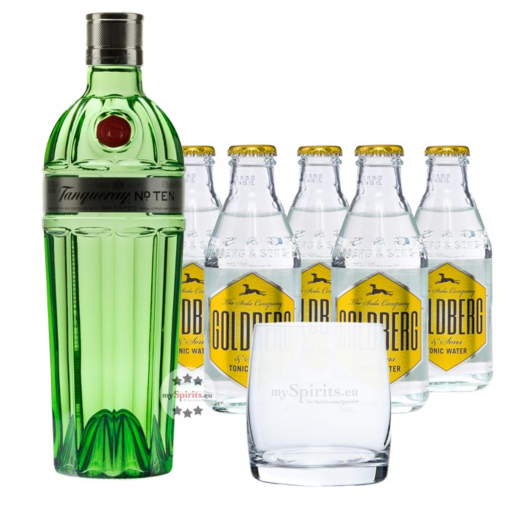 Tanqueray No. 10 Gin (47,3 % Vol., 0,7 L) & 5 x Goldberg Tonic (0,2 L) inkl. 0,50€ Pfand + 1 Tumbler