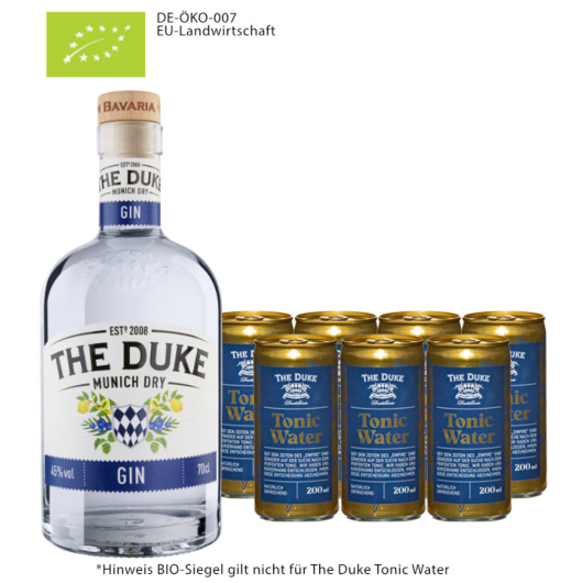 The Duke Munich Dry Gin Bio (45 % vol, 0,7l) & 7 x The Duke Tonic Water (0,2l) inkl. 1,75€ Pfand