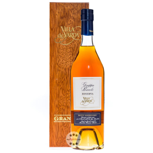 Villa de Varda Grappa Barolo Riserva Gran Cru / 40 % / 0,7 L Flasche in Kästchen aus Mahagoniholz 