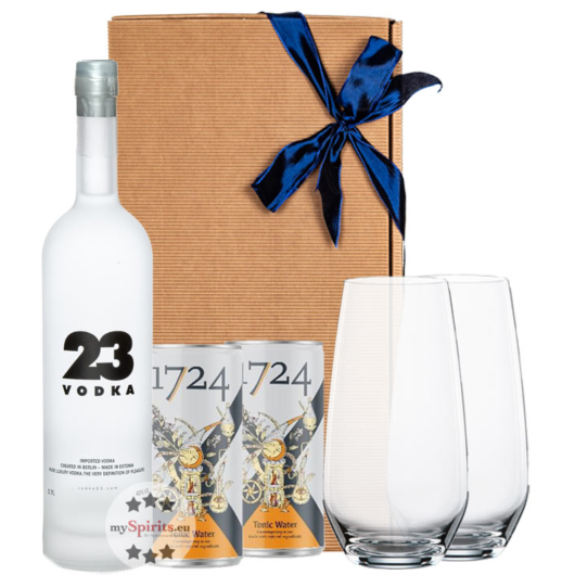 Vodka 23 (40% Vol / 0,7l) & 2x 1724 Tonic Water (0,2l) inkl 0,50€ Pfand + 2x Spiegelau Longdrinkglas in Geschenkbox