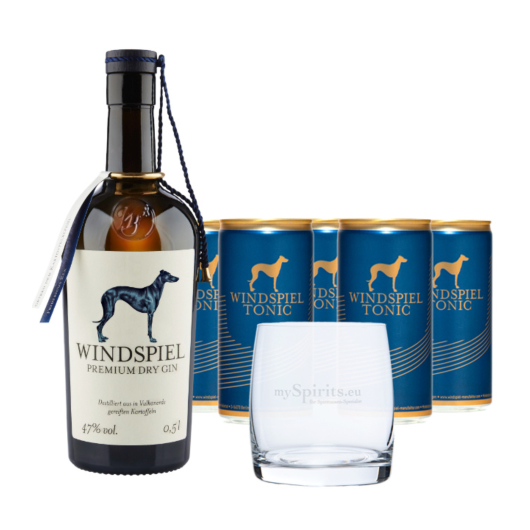 Windspiel Premium Dry Gin (47 % Vol., 0,5 L) & 5 x Windspiel Tonic Water (0,2 L) + 1 Tumbler-Glas inkl. 1,25 € Pfand