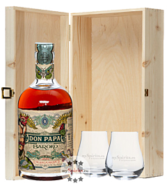 Geschenkset Don Papa Baroko / 40 % vol / 0,7 l + 2 x mySpirits Nosing-Glas in Holzkiste