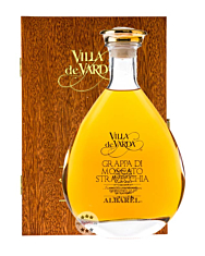 Villa de Varda Grappa Moscato Stravecchia-Albarel Alta Selezione aus dem Barrique / 40 % Vol. / 0,7 Liter-Flasche in Mahagoniholz-Schatulle