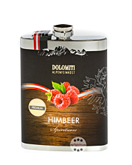 Dolomiti: Flachmann Himbeer Schnaps / 35 % Vol. / 0,2 Liter-Flasche aus Edelstahl