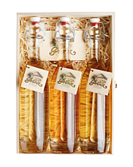 Prinz Geschenk Set Altes Trio - Prinz Alte Sorten (Williams, Marille & Wald-Himbeere) / 41 % vol. / 3*0,2 Liter Flasche in Holzkiste