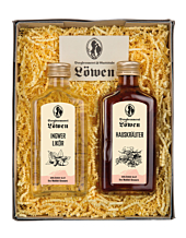 Bergbrennerei Löwen Geschenk-Set Herzwärmer mit 1x Ingwer Likör & 1x Hauskräuter  / 24 & 32 % Vol. / 0,2 L Flasche