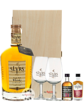 Slyrs Set: Single Malt Whisky (43 % Vol. / 0,7l) & je 5cl Whisky 51 (51%) + Vanilla & Honey (30%) + 2x Glas in mySpirits Holzkiste