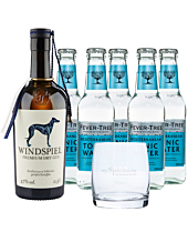 Windspiel Premium Dry Gin (47 % Vol., 0,5 L) & 5x Fever-Tree Tonic 0,2 L inkl. 0,75 € Pfand + 1 Glas