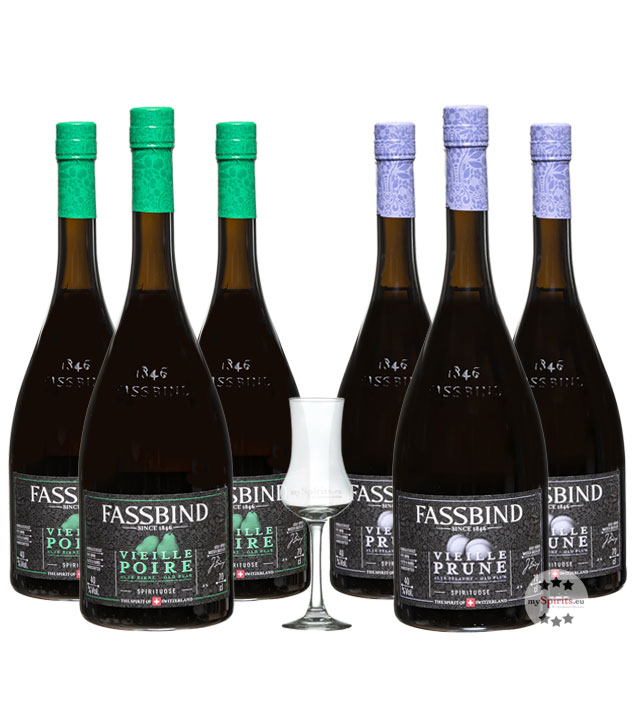 Fassbind 3 x Vielle Porie & 3 x Vieille Prune + Glas (40% Vol., 0,7 Liter)