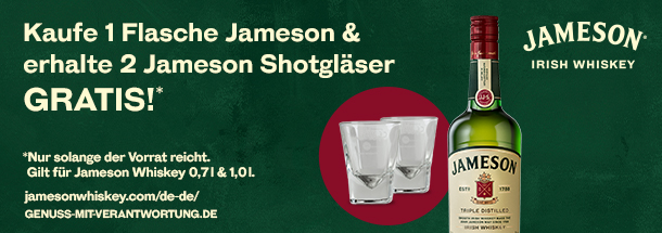 Jetzt gratis Shotgläser beim Kauf von Jameson Irish Whiskey sichern!