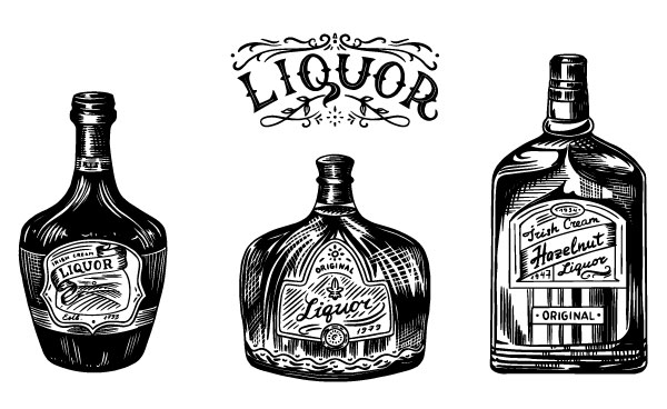 Schriftzug Liquor, Illustration: drei Likör-Flaschen