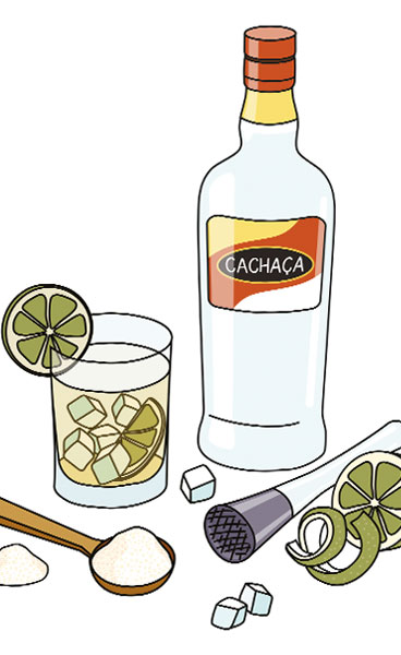 Illustration: Flasche Cachaca mit Gläsern, Limettenstücken, Zucker und Stößel