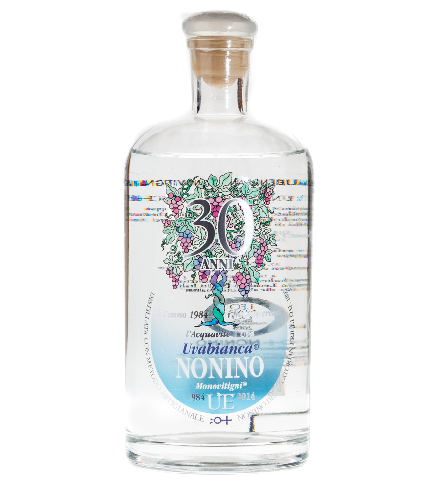 Grappa Nonino: ÙE Uvabianca Acquavite d’Uva Monovitigni Trauben-Brand / 38 % vol. / 0,7 Liter-Flasche im Geschenk-Karton