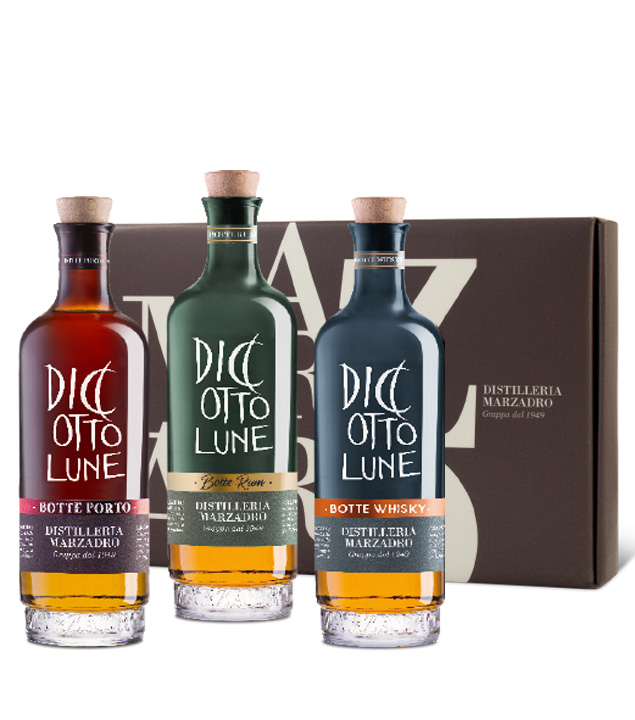 Image of Marzadro Geschenkset Riserve Grappa Diciotto Lune Botte Porto, Rum & Whisky / 42 % / 3 x 0,2 l in Deko-Box