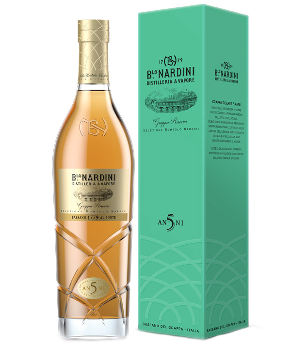 Image of Nardini Grappa Riserva 5 Anni Selezione Bortolo Nardini / 42 % vol / 0,7 Liter-Flasche in Geschenkbox